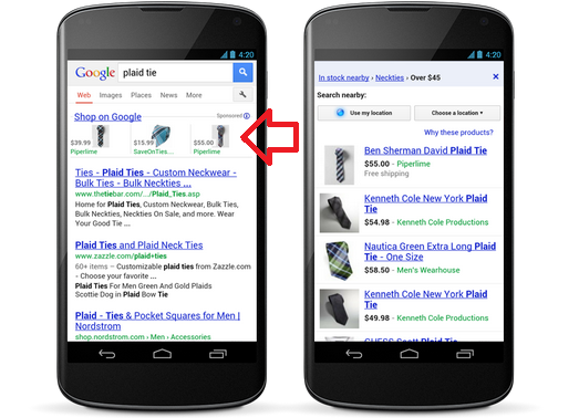 The arrow points to sponsored ads on the smartphone result page - Google Shopping product listing ads are now on your smartphone
