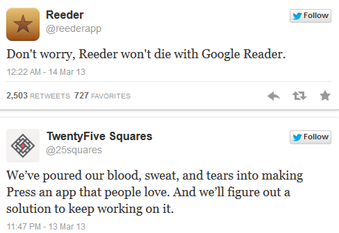 Reeder and Press promise to carry on without Google Reader - Google to 86 Reader starting in July