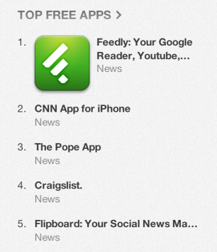Feedly is the top free app at the Apple App Store - Feedly adds 500,000 new users in 48 hours after Google announces Reader shut down