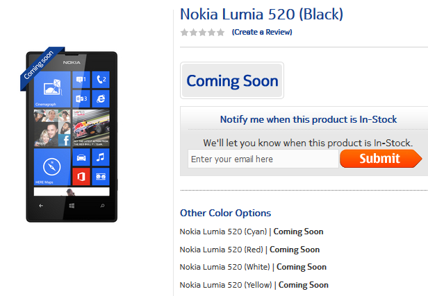 The Nokia Lumia 520 is coming soon to India - Nokia India Store shows Nokia Lumia 520 coming soon