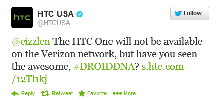 HTC USA says no HTC One for Verizon - Tweet from HTC USA confirms no HTC One for Verizon