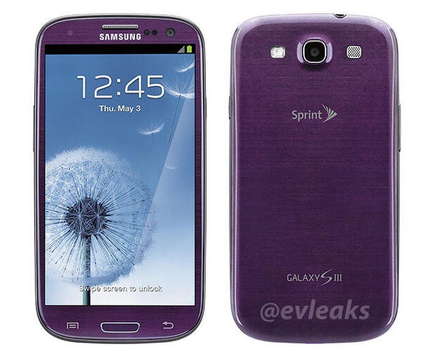 Closeup shot of the purple Samsung Galaxy S III for Sprint appears