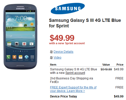 The Samsung Galaxy S III can be bought for as low as $49.99 on contract - Samsung Galaxy S III $49.99 at Radio Shack for new Sprint customers