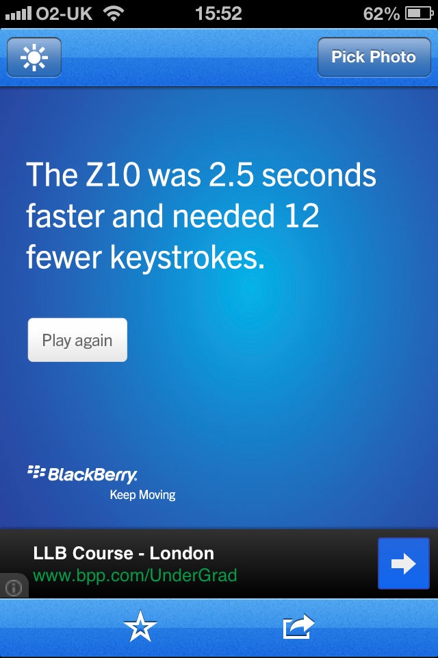 Scanning a QR code will allow you to take part in a typing contest between the Z10 and your phone - BlackBerry ads ready to take over the screen on your Apple iPhone and Android handset