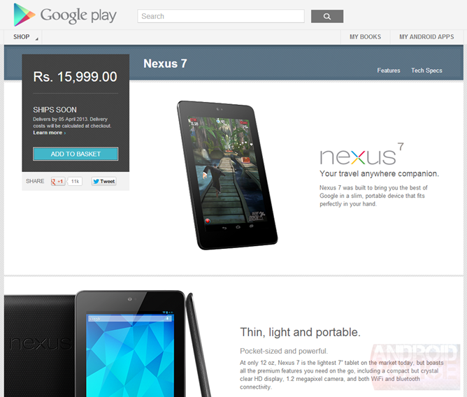 Google Play store now opens device sales in India, selling the Nexus 7