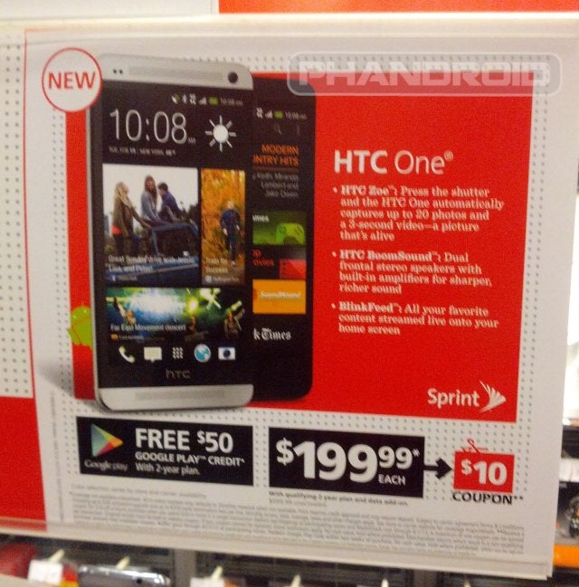 A sign for the HTC One goes up early at an unnamed Radio Shack - Radio Shack displays HTC One sign; retailer offers $50 Google Play card and $10 coupon