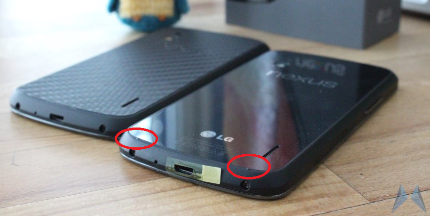 The nubs (circled) on the newer Google Nexus 4 - Google Nexus 4 ships with minor design changes