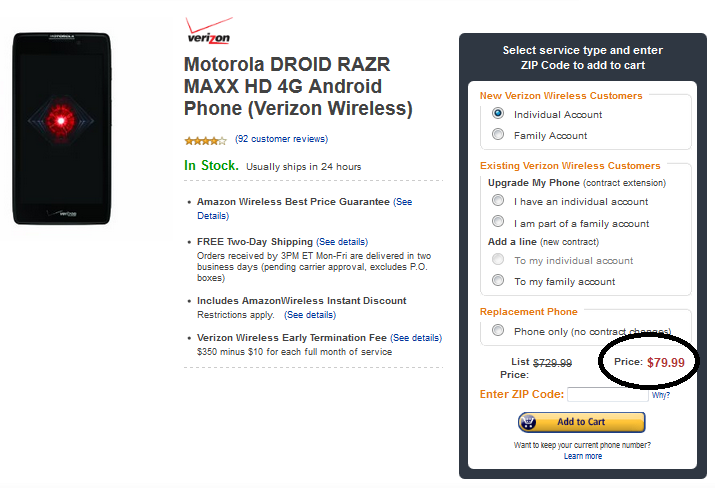 The Motorola DROID RAZR MAXX HD is as low as $79.99 from Amazon - Motorola DROID RAZR MAXX HD is just $79.99 for new Verizon customers at Amazon