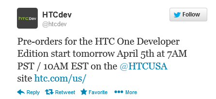 HTC tweets about the HTC One Developer Edition - HTC One Developer Edition announced, pre-orders start today at $649 for 64GB