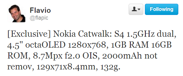 This tweet contains the alleged specs of the Nokia Catwalk for T-Mobile - Tweet reveals specs for the Nokia Catwalk, heading to T-Mobile