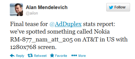 Tweet from Mendelevich reveals mystery Nokia phone - New Nokia RM-877 seen on AdDuplex, running on AT&T's pipeline