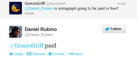 This tweet says Instagraph will be a paid app - Instagraph for Windows Phone, an Instagram work around, will be a paid app