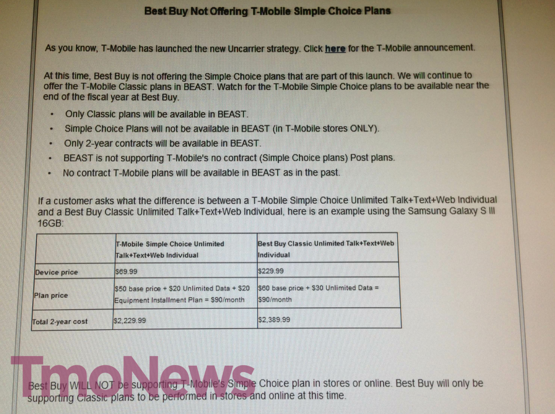 This leaked screenshot of an internal Best Buy document reveals the current pricing scheme for T-Mobile devices at Best Buy - Best Buy internal document leaks, making T-Mobile's current pricing easy to understand