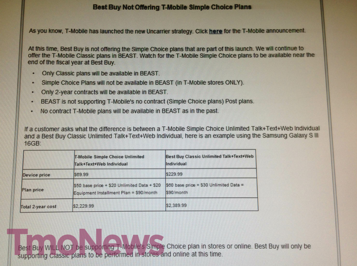 This leaked screenshot of an internal Best Buy document reveals the current pricing scheme for T-Mobile devices at Best Buy - Best Buy internal document leaks, making T-Mobile&#039;s current pricing easy to understand