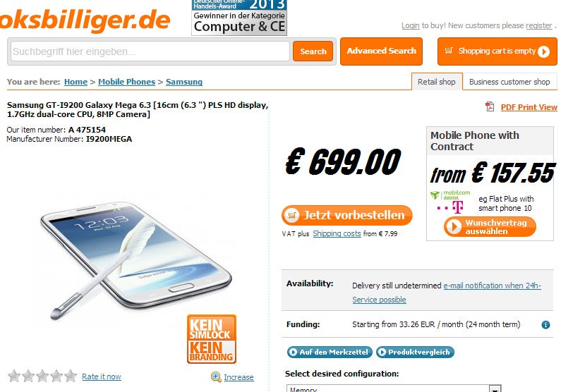 Samsung Galaxy Mega 6.3 is up for pre-order in Germany
