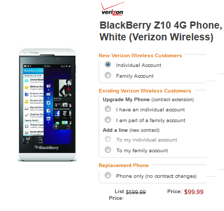 Get the AT&amp;amp;T or Verizon version of the BlackBerry Z10 for $99.99 - BlackBerry Z10 for new  AT&amp;T and Verizon customers just $99.99 on contract from Amazon