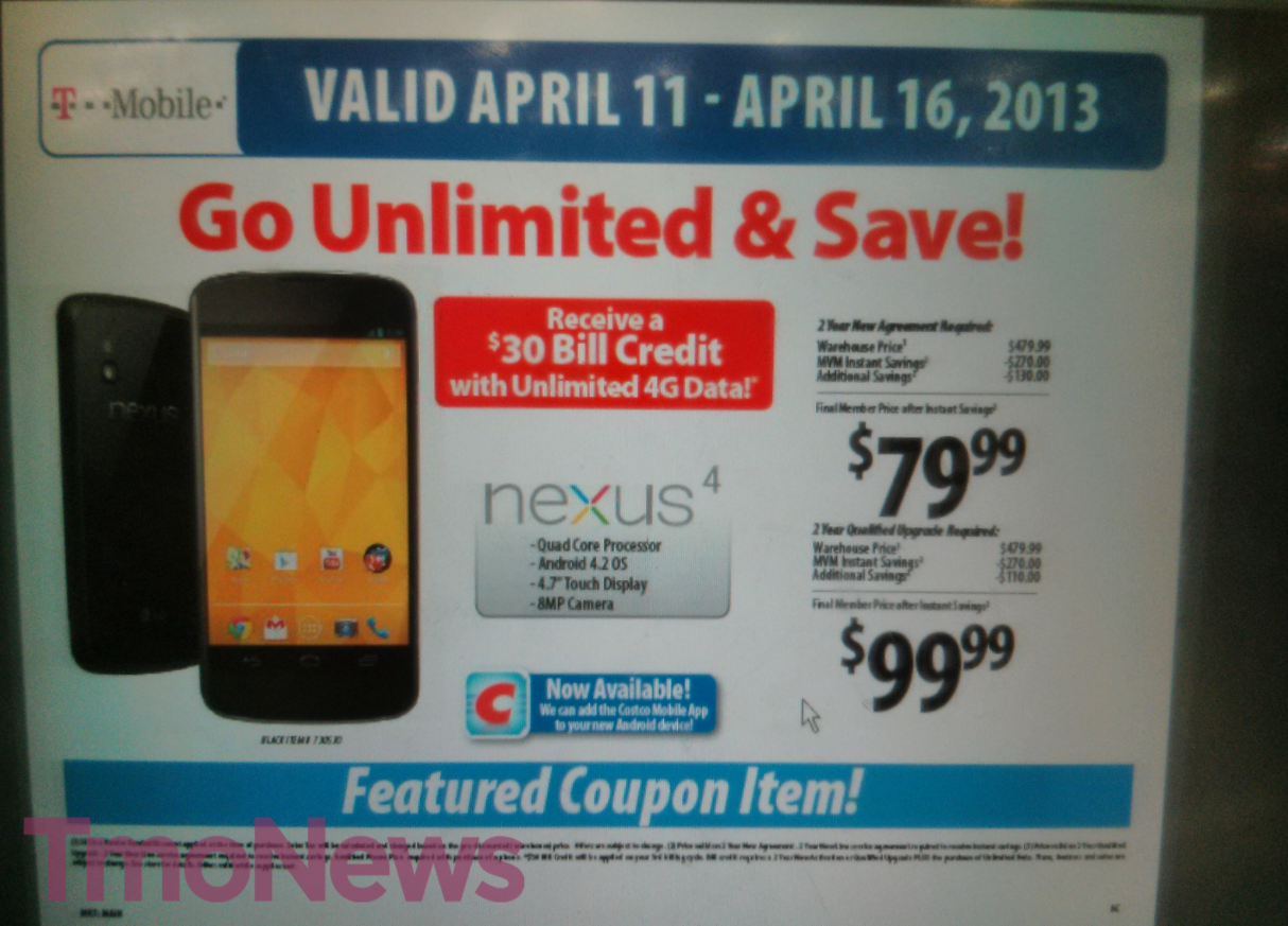 Buy the Google Nexus 4 from Costco for $79.99 on contract - Google Nexus 4 just $79.99 at Costco for new T-Mobile accounts
