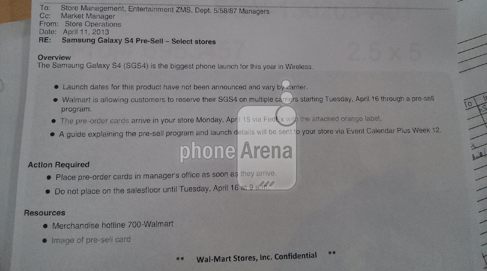 Leaked memo shows that Walmart will take pre-orders for the Samsung Galaxy S4 starting Tuesday - Internal Walmart memo shows Samsung Galaxy S4 pre-order period starts Tuesday at select stores