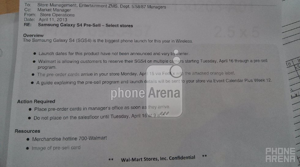 Leaked memo shows that Walmart will take pre-orders for the Samsung Galaxy S4 starting Tuesday - Internal Walmart memo shows Samsung Galaxy S4 pre-order period starts Tuesday at select stores