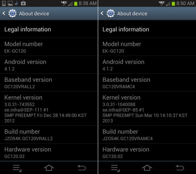Before (L) and after the update for the Samsung Galaxy Camera - Mystery update for Samsung Galaxy Camera weighs in at a 'heavy' 180MB