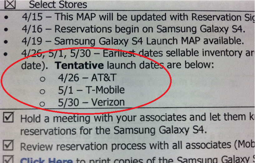 Leaked Staples memo includes tentative launch dates for the Samsung Galaxy S4 - Leaked Staples document outs tentative carrier launch dates for the Samsung Galaxy S4