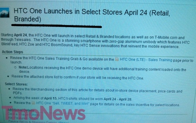 This leaked internal memo says that T-Mobile will launch the HTC One on April 24th - T-Mobile&#039;s April 24th launch of the HTC One confirmed by second leak