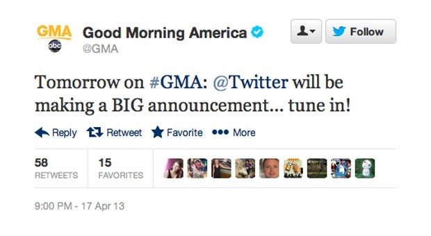 Twitter announcing something &quot;BIG&quot; on Good Morning America tomorrow