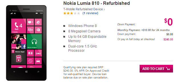 The only way to get the Nokia Lumia 810 online from T-Mobile is by buying a refurbished model - T-Mobile drops HTC Windows Phone 8X and the Nokia Lumia 810 from its web site