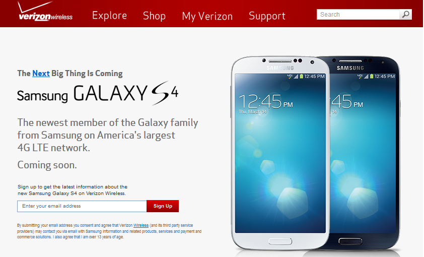 Verizon is taking pre-registrations for the Samsung Galaxy S4 - Verizon&#039;s signup page for the Samsung Galaxy S4 now up, pre-registration for the device now starts