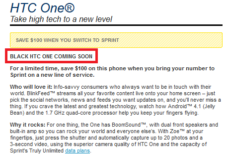 ...Sprint&#039;s website says it is coming soon - HTC One in black coming soon according to AT&amp;T and Sprint websites