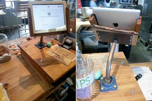 The homemade Apple iPad stand at the  Devil&rsquo;s Teeth Baking Company gets four inquiries a day - Tablet based cash registers replace the old clunkers