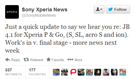 Android Jelly Bean update might roll this week for the Sony Xperia P, Go, S, SL, acro S and ion
