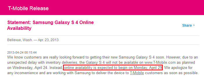 T-Mobile is delaying the online launch of its Samsung Galaxy S4 - T-Mobile delays its Samsung Galaxy S4 online launch to April 29th