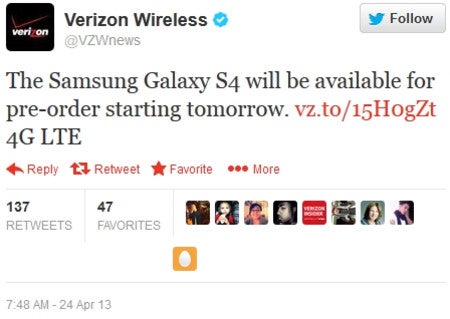 Verizon tweets Samsung Galaxy S4 pre-orders start tomorrow