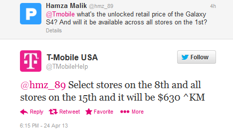 More bad news is tweeted by T-Mobile - T-Mobile tweets that its stores face a one to two week delay in launching the Samsung Galaxy S4