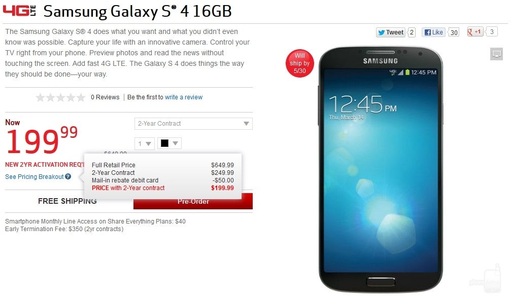 Verizon's pre-order page is live for the Samsung Galaxy S4