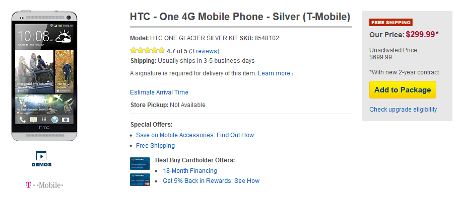 T-Mobile's HTC One is now available at Best Buy - Best Buy now offering the T-Mobile branded HTC One for $299.99 on contract