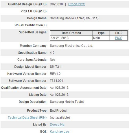 The Samsung Galaxy Tab 3 8.0 gets certified for Bluetooth - Samsung Galaxy Tab 3 8.0 shows up on Bluetooth SIG