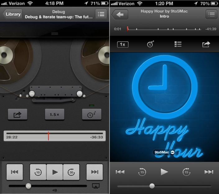 The old (L) and new look of the iOS podcast application - Apple's iOS 7 said to be as flat as Windows Phone, with a lack of gloss and shine