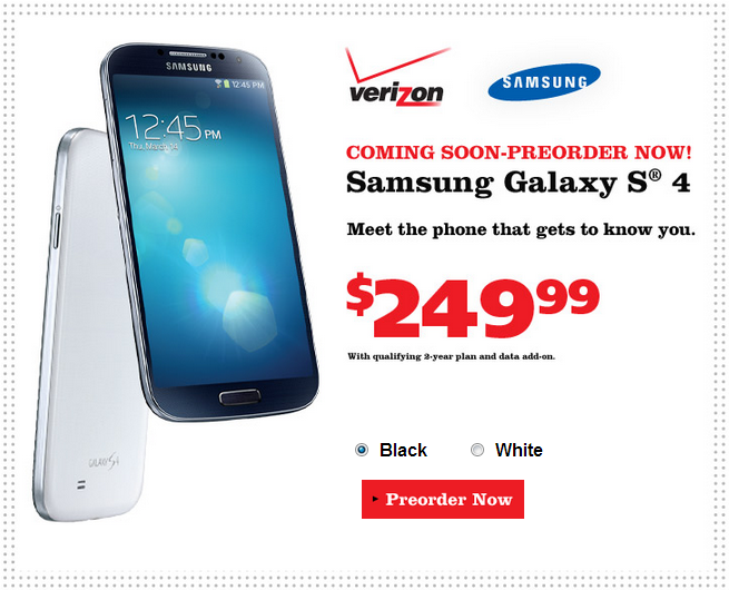 Pre-order the Verizon variant of the Samsung Galaxy S4 from Radio Shack - Radio Shack now taking pre-orders for the Verizon variant of the Samsung Galaxy S4