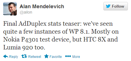 This tweet says that Windows Phone 8.1 is showing up on the AdDuplex mobile ad network - Windows Phone 8.1 being tested, according to AdDuplex data