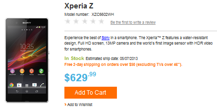 The Sony Xperia Z is now available from Sony's U.S. online store - U.S. Sony Store has Sony Xperia Z for sale