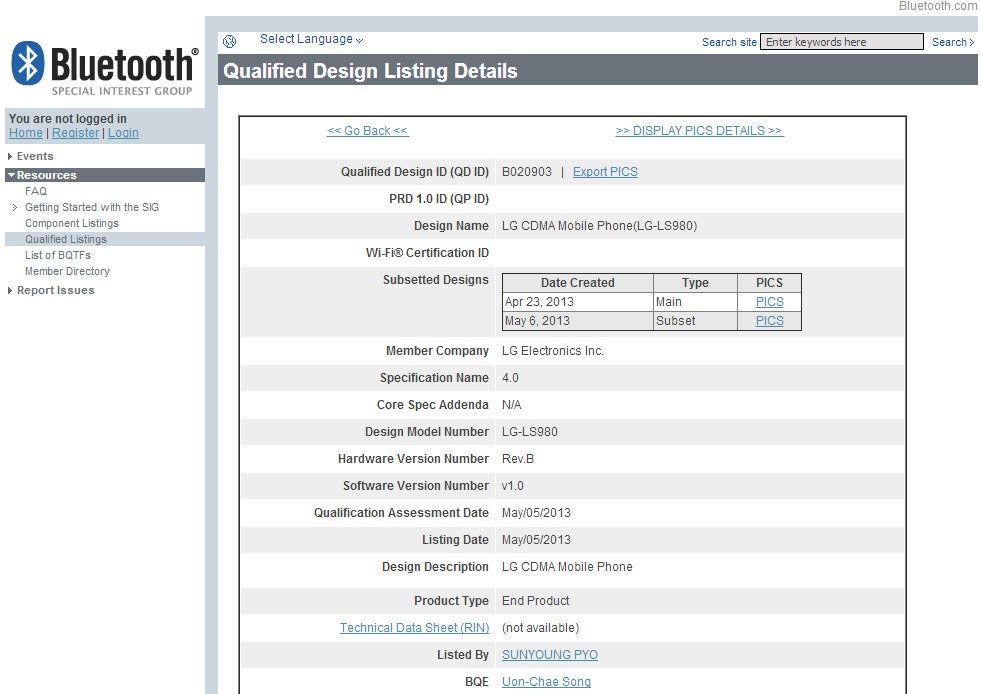 LG LS980 receives Bluetooth certification - LG LS980 may be the LG Optimus G2, headed to Sprint