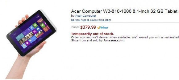 Amazon&#039;s listing for the Amazon W3-810 before it was pulled - Acer Russia confirms June 4th introduction of the Acer Iconia W3 8.1 inch Windows 8 tablet