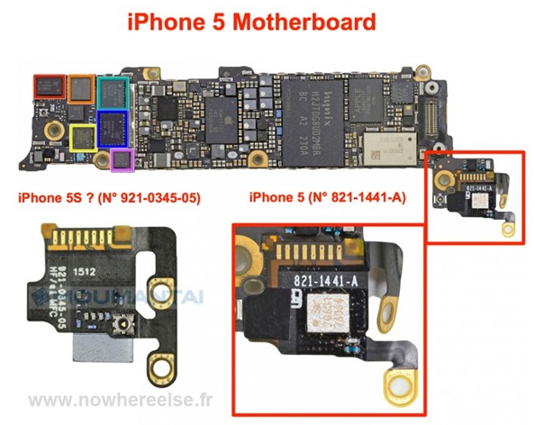 The camera component on the Apple iPhone 5S looks different than the one on the Apple iPhone 5 - Leaked motherboard for next Apple iPhone suggests change to camera design