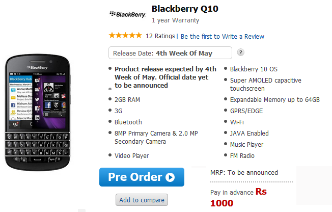 The BlackBerry Q10 can now be pre-ordered in India - BlackBerry Q10 pre-orders begin in India, launch expected near the end of May