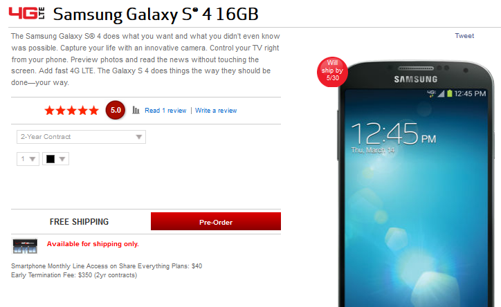 Pre-order the Samsung Galaxy S4 at Verizon - Verizon to launch its Samsung Galaxy S4 on May 23rd