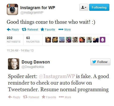 Nokia (on bottom) says that @InstagramWP is a fake - Nokia says @InstagramWP is not real