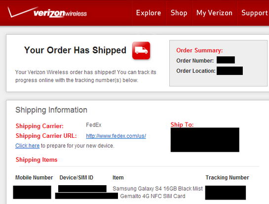 This screenshot of an email shows that Verizon has started shipping the Samsung Galaxy S4 - Verizon ships some Samsung Galaxy S4 units earlier than expected