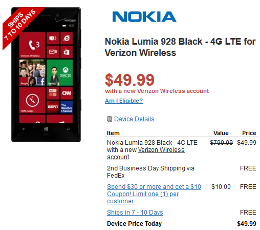 The Black Nokia Lumia 928 ships in 7 to 10 days from Radio Shack - Black Nokia Lumia 928 sold out at Verizon and Radio Shack